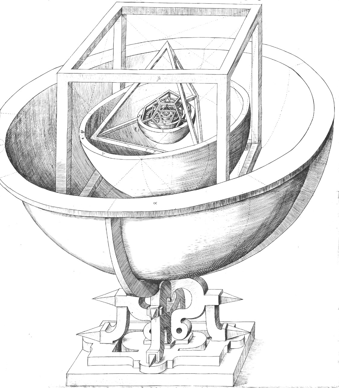 Kepler's diagram showing how the five regular solids fit between the orbs of Mercury, Venus, Earth, Mars, Jupiter, Saturn
