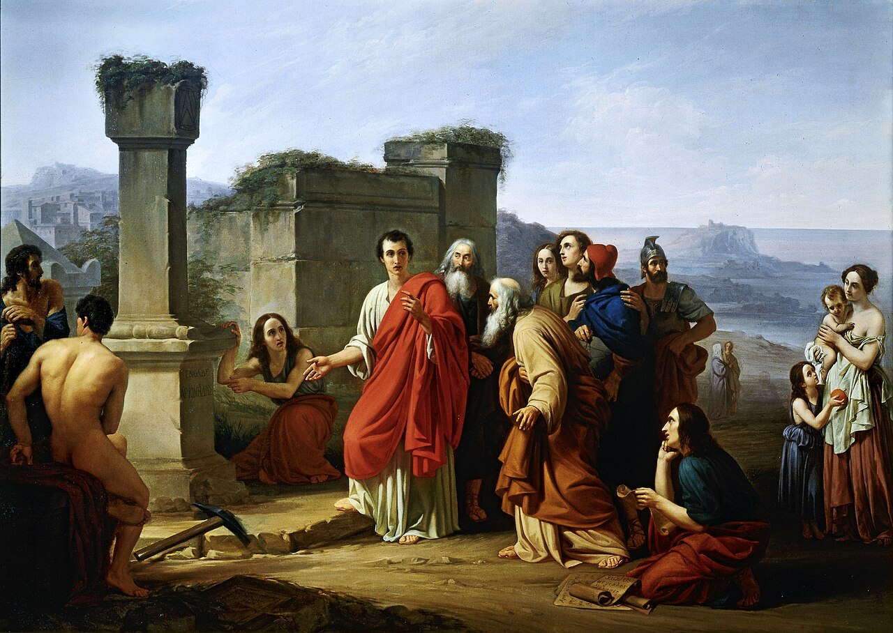 Paolo Barbotti's painting ‘Cicero discovering the tomb of Archimedes’ (1853). Cicero is depicted with a group of other people, old and young. He is gesturing towards a square pillar marking the tomb of Archimedes, near the top of which is carved a diagram showing a cylinder circumscribing a sphere and a cone.