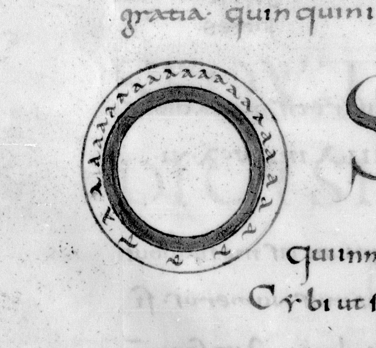 Diagram illustrating the ‘circularity’ of the number 5 from a manuscript of Cassiodorus' ‘Institutiones’ using symbols ‘a’ arranged in a circle. The scribe has spaced the symbols unevenly and has erred in writing only 24 symbols, not 25.